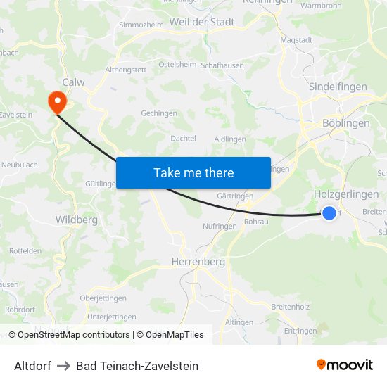 Altdorf to Bad Teinach-Zavelstein map