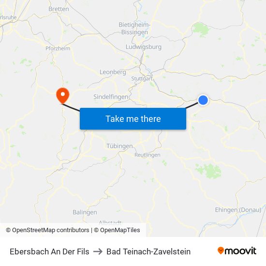 Ebersbach An Der Fils to Bad Teinach-Zavelstein map