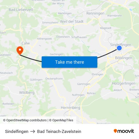 Sindelfingen to Bad Teinach-Zavelstein map