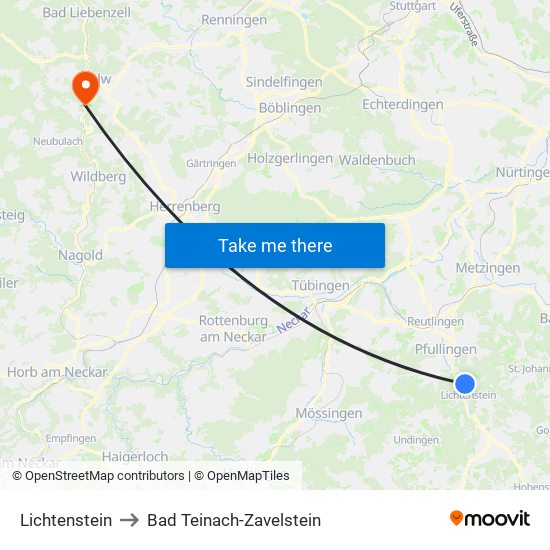 Lichtenstein to Bad Teinach-Zavelstein map