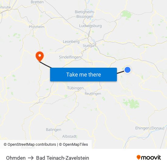 Ohmden to Bad Teinach-Zavelstein map