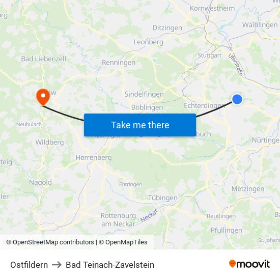 Ostfildern to Bad Teinach-Zavelstein map