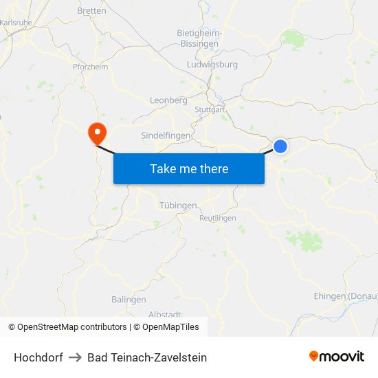 Hochdorf to Bad Teinach-Zavelstein map