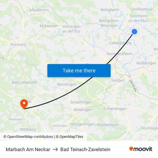 Marbach Am Neckar to Bad Teinach-Zavelstein map