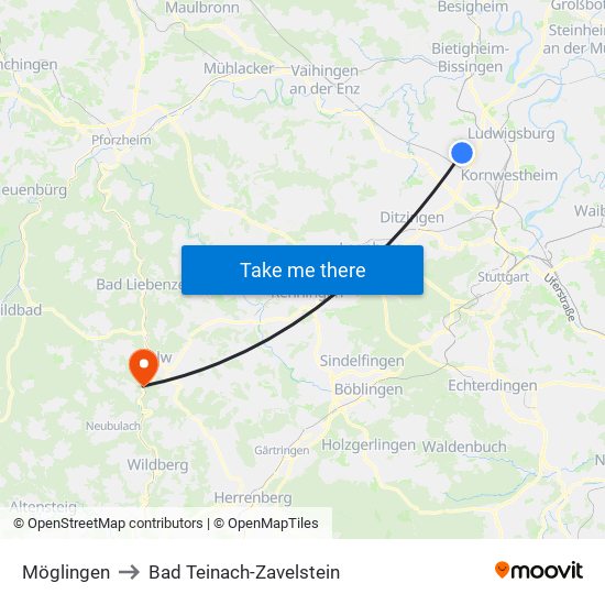 Möglingen to Bad Teinach-Zavelstein map