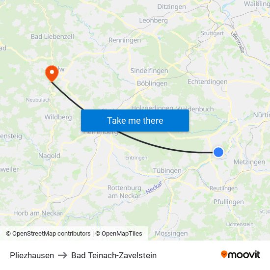 Pliezhausen to Bad Teinach-Zavelstein map