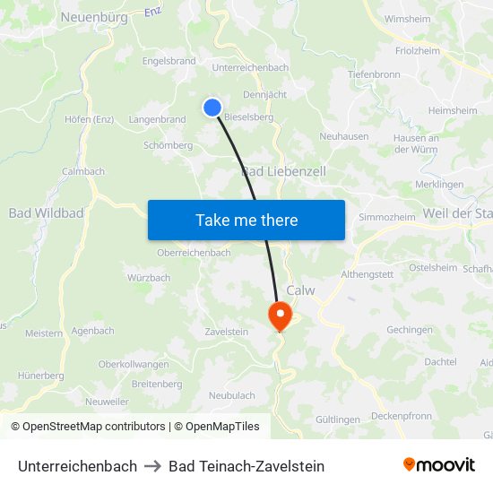 Unterreichenbach to Bad Teinach-Zavelstein map