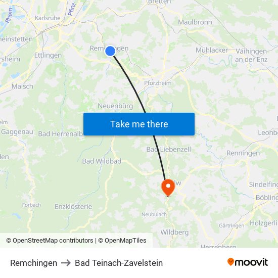 Remchingen to Bad Teinach-Zavelstein map