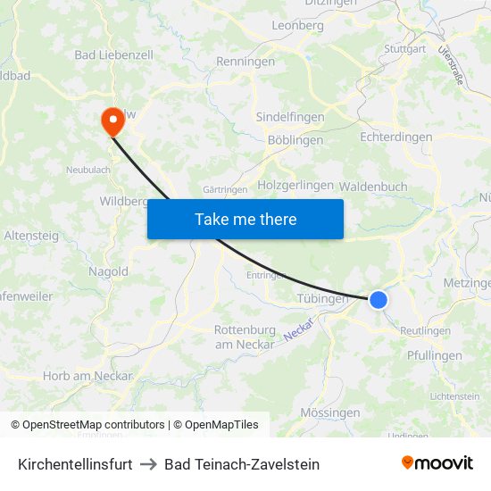 Kirchentellinsfurt to Bad Teinach-Zavelstein map