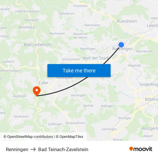 Renningen to Bad Teinach-Zavelstein map