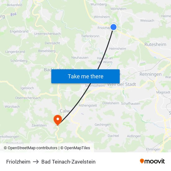 Friolzheim to Bad Teinach-Zavelstein map