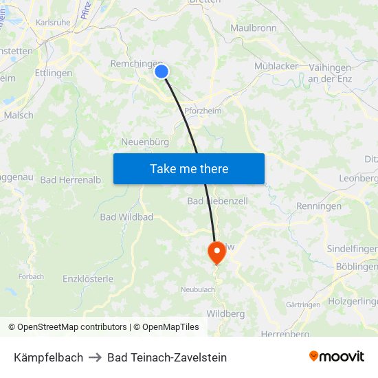 Kämpfelbach to Bad Teinach-Zavelstein map