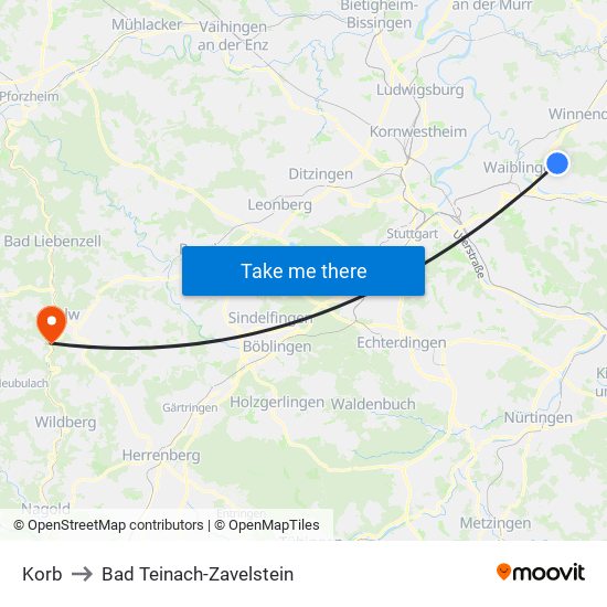 Korb to Bad Teinach-Zavelstein map