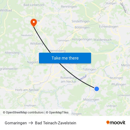 Gomaringen to Bad Teinach-Zavelstein map
