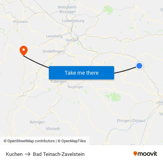 Kuchen to Bad Teinach-Zavelstein map