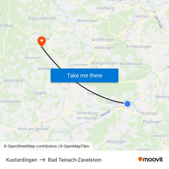 Kusterdingen to Bad Teinach-Zavelstein map