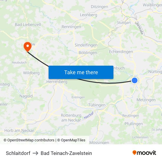 Schlaitdorf to Bad Teinach-Zavelstein map