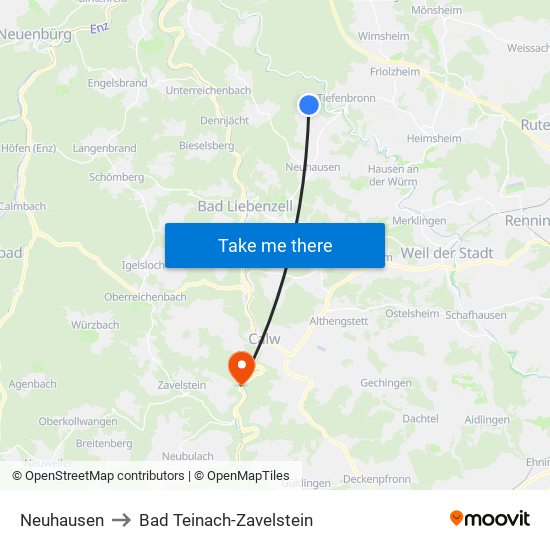 Neuhausen to Bad Teinach-Zavelstein map