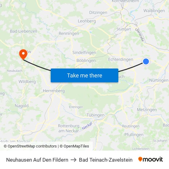 Neuhausen Auf Den Fildern to Bad Teinach-Zavelstein map