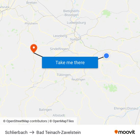 Schlierbach to Bad Teinach-Zavelstein map