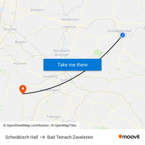 Schwäbisch Hall to Bad Teinach-Zavelstein map