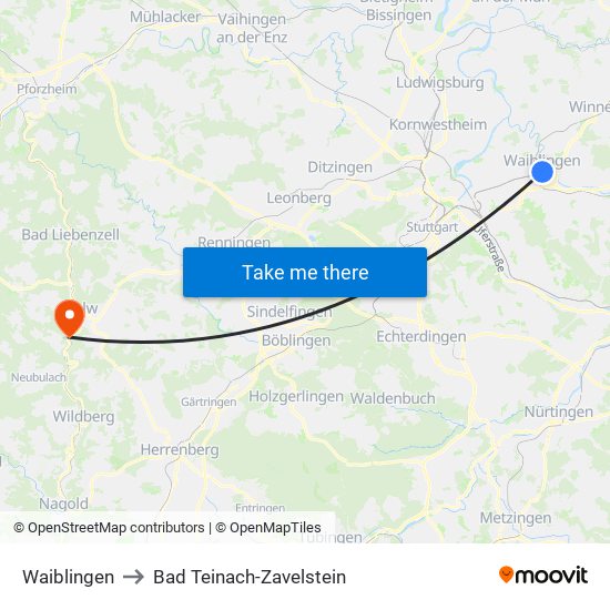 Waiblingen to Bad Teinach-Zavelstein map