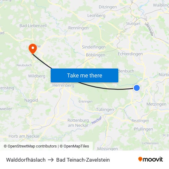 Walddorfhäslach to Bad Teinach-Zavelstein map