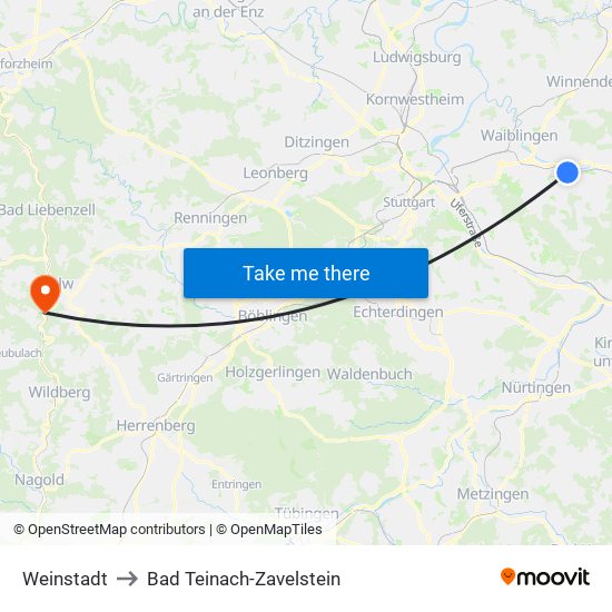 Weinstadt to Bad Teinach-Zavelstein map