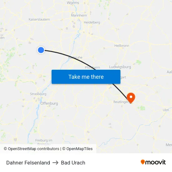 Dahner Felsenland to Bad Urach map