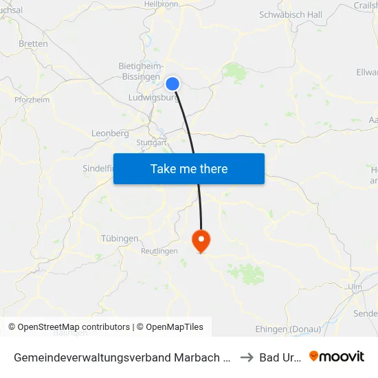 Gemeindeverwaltungsverband Marbach am Neckar to Bad Urach map