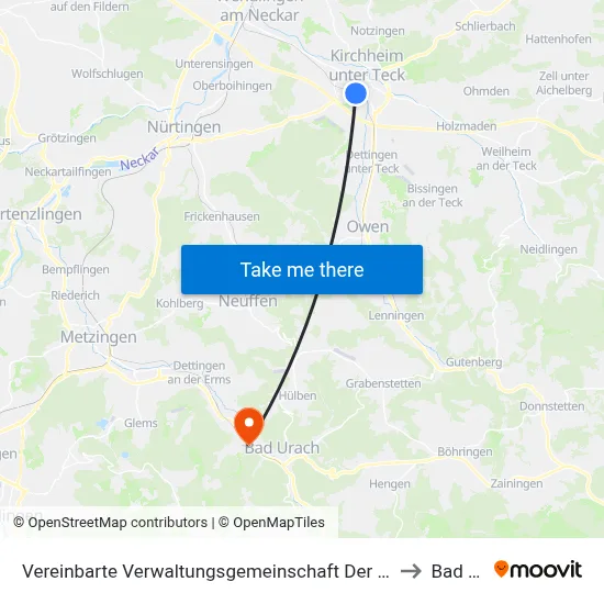 Vereinbarte Verwaltungsgemeinschaft Der Stadt Kirchheim Unter Teck to Bad Urach map