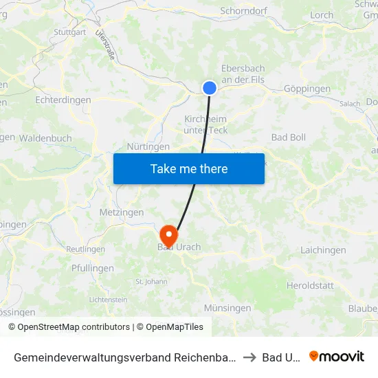 Gemeindeverwaltungsverband Reichenbach An Der Fils to Bad Urach map