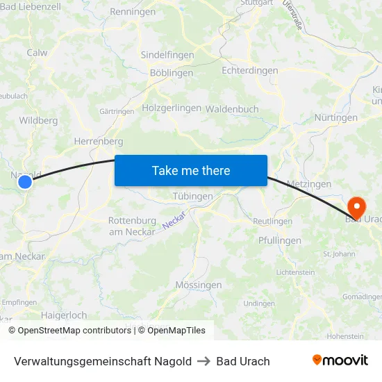 Verwaltungsgemeinschaft Nagold to Bad Urach map