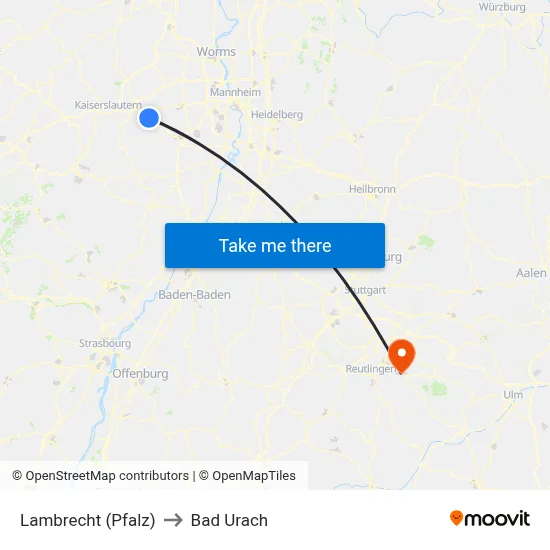 Lambrecht (Pfalz) to Bad Urach map