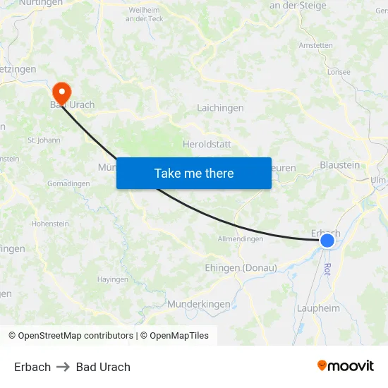 Erbach to Bad Urach map