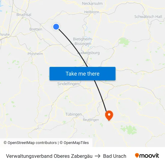 Verwaltungsverband Oberes Zabergäu to Bad Urach map