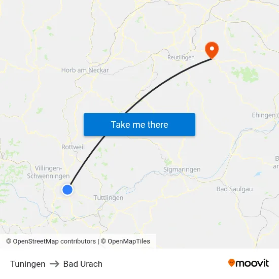 Tuningen to Bad Urach map