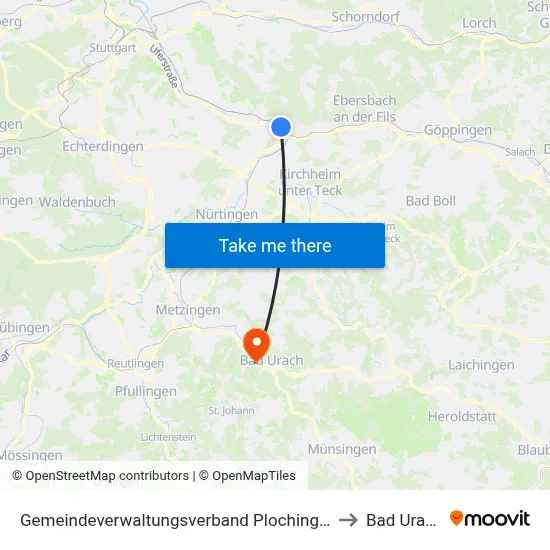 Gemeindeverwaltungsverband Plochingen to Bad Urach map