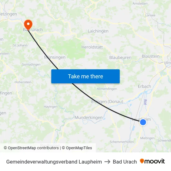 Gemeindeverwaltungsverband Laupheim to Bad Urach map