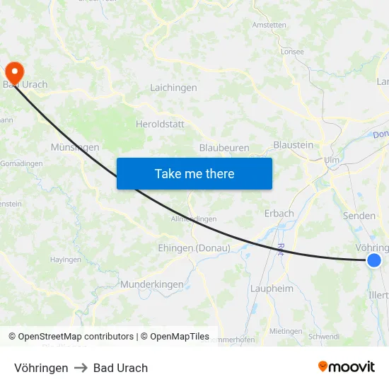 Vöhringen to Bad Urach map