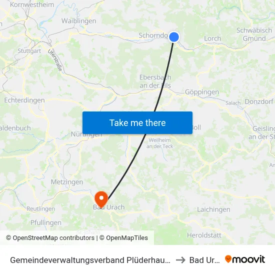 Gemeindeverwaltungsverband Plüderhausen-Urbach to Bad Urach map