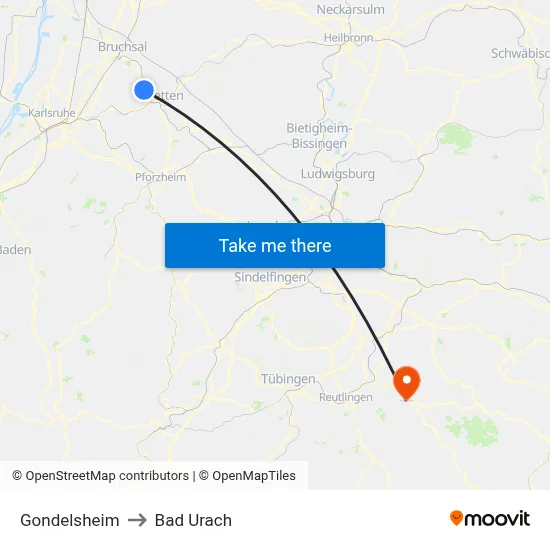 Gondelsheim to Bad Urach map