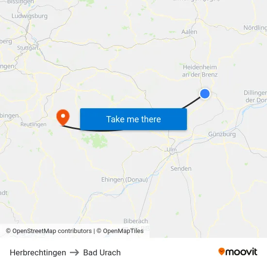 Herbrechtingen to Bad Urach map