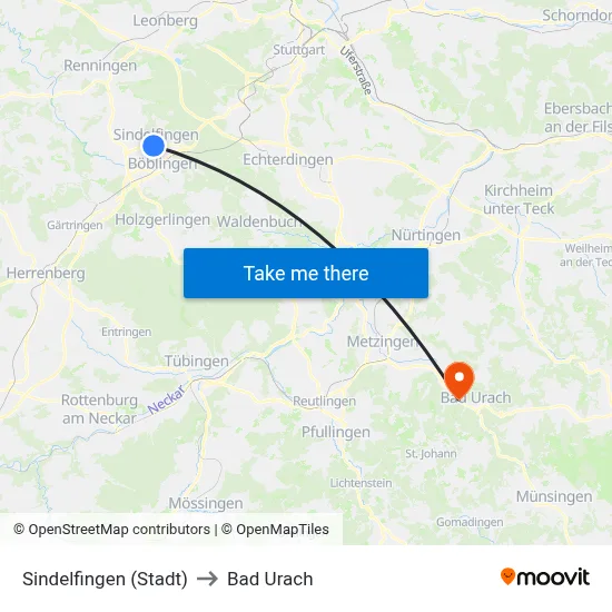 Sindelfingen (Stadt) to Bad Urach map