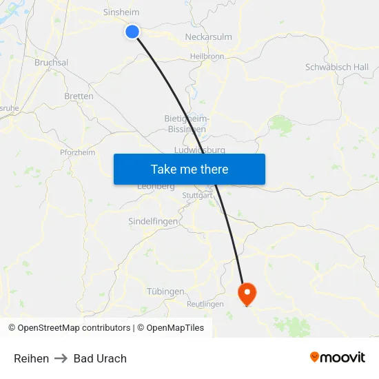 Reihen to Bad Urach map