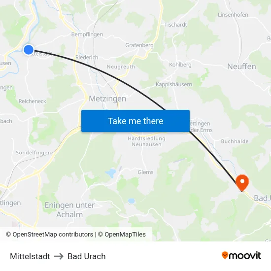Mittelstadt to Bad Urach map