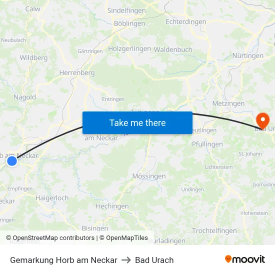 Gemarkung Horb am Neckar to Bad Urach map