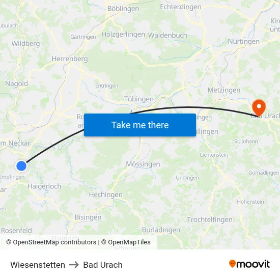 Wiesenstetten to Bad Urach map