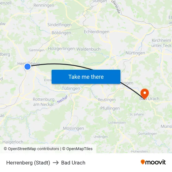 Herrenberg (Stadt) to Bad Urach map