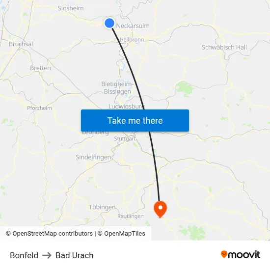 Bonfeld to Bad Urach map